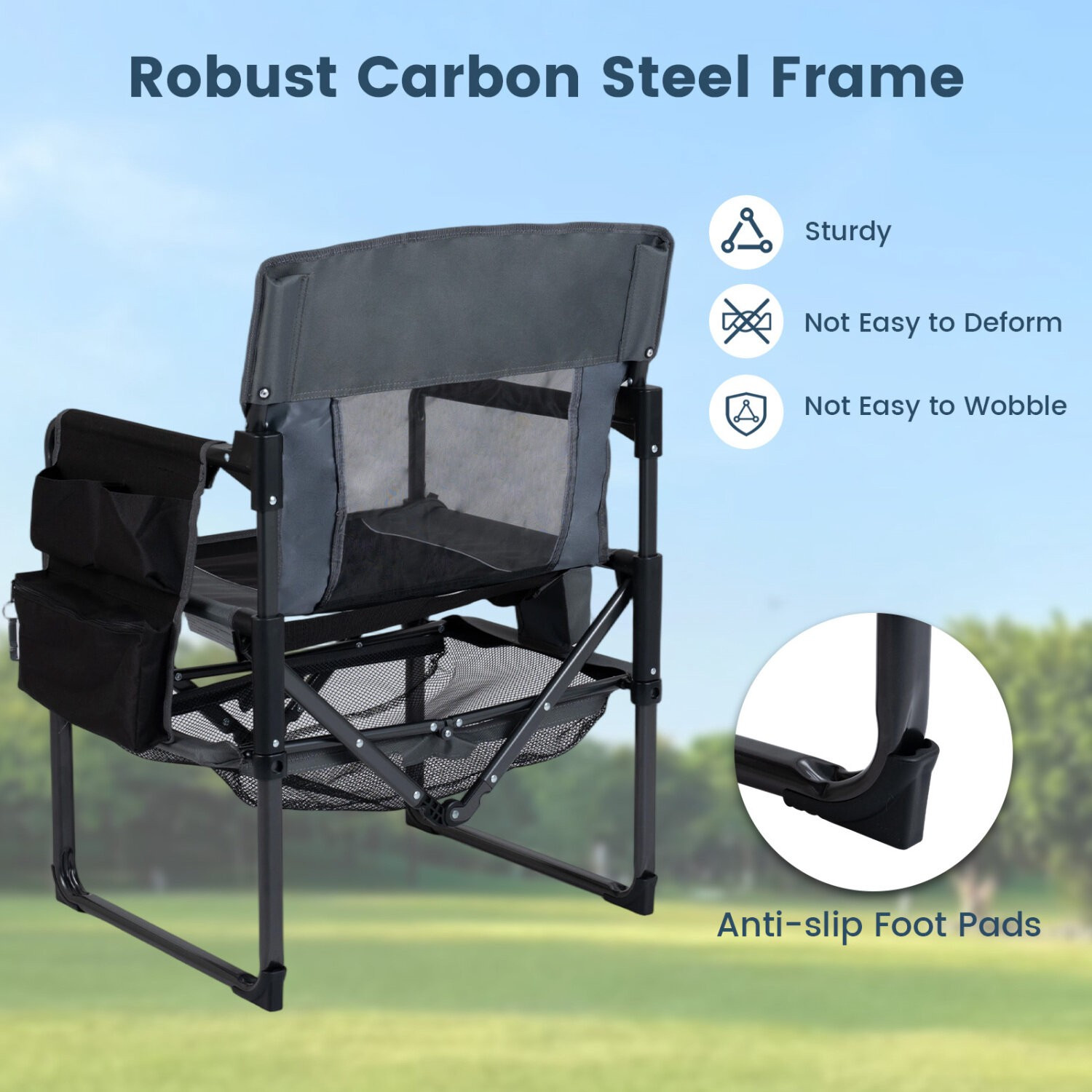 Cadeira de camping resistente com porta-copos e abridor.