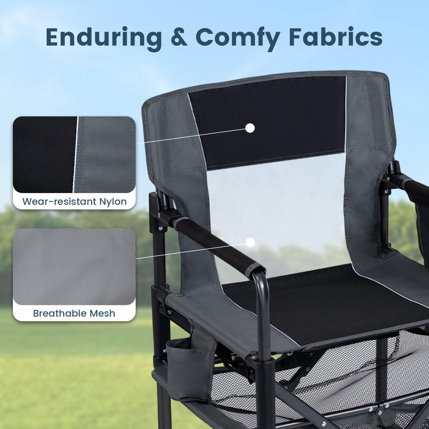 Cadeira de camping resistente com porta-copos e abridor.