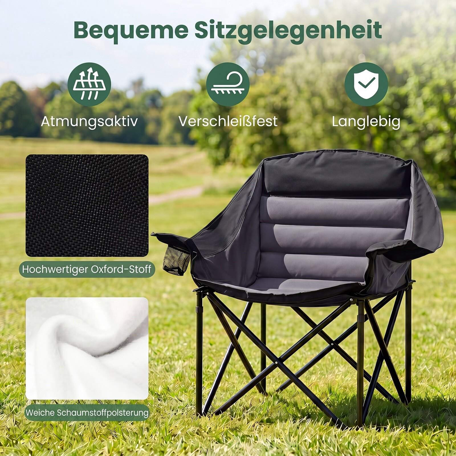Cadeira de camping preta resistente com assento acolchoado e porta-...