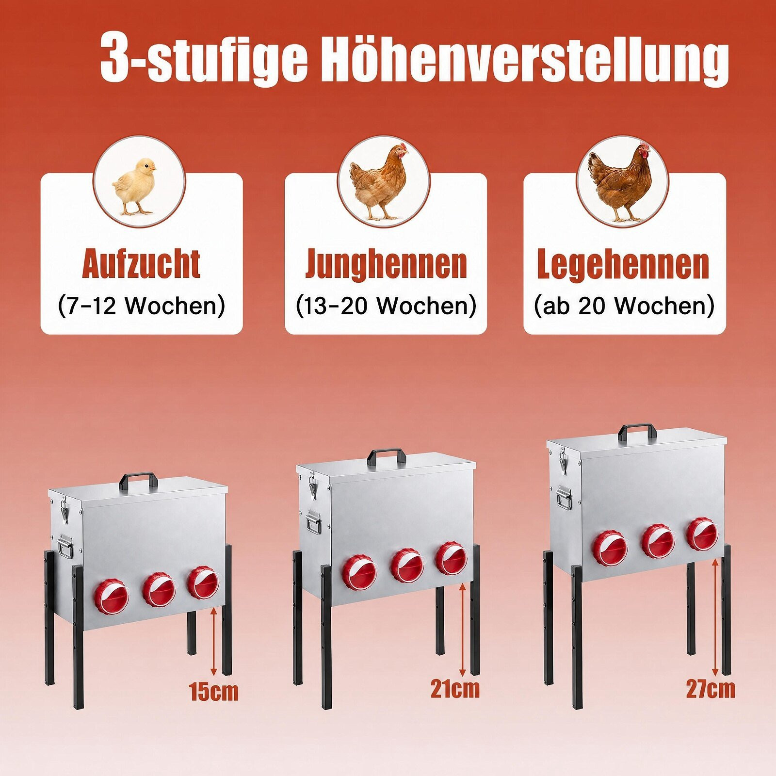 Automatic Chicken Feeder, 26L, 6 Openings, Adjustable Height