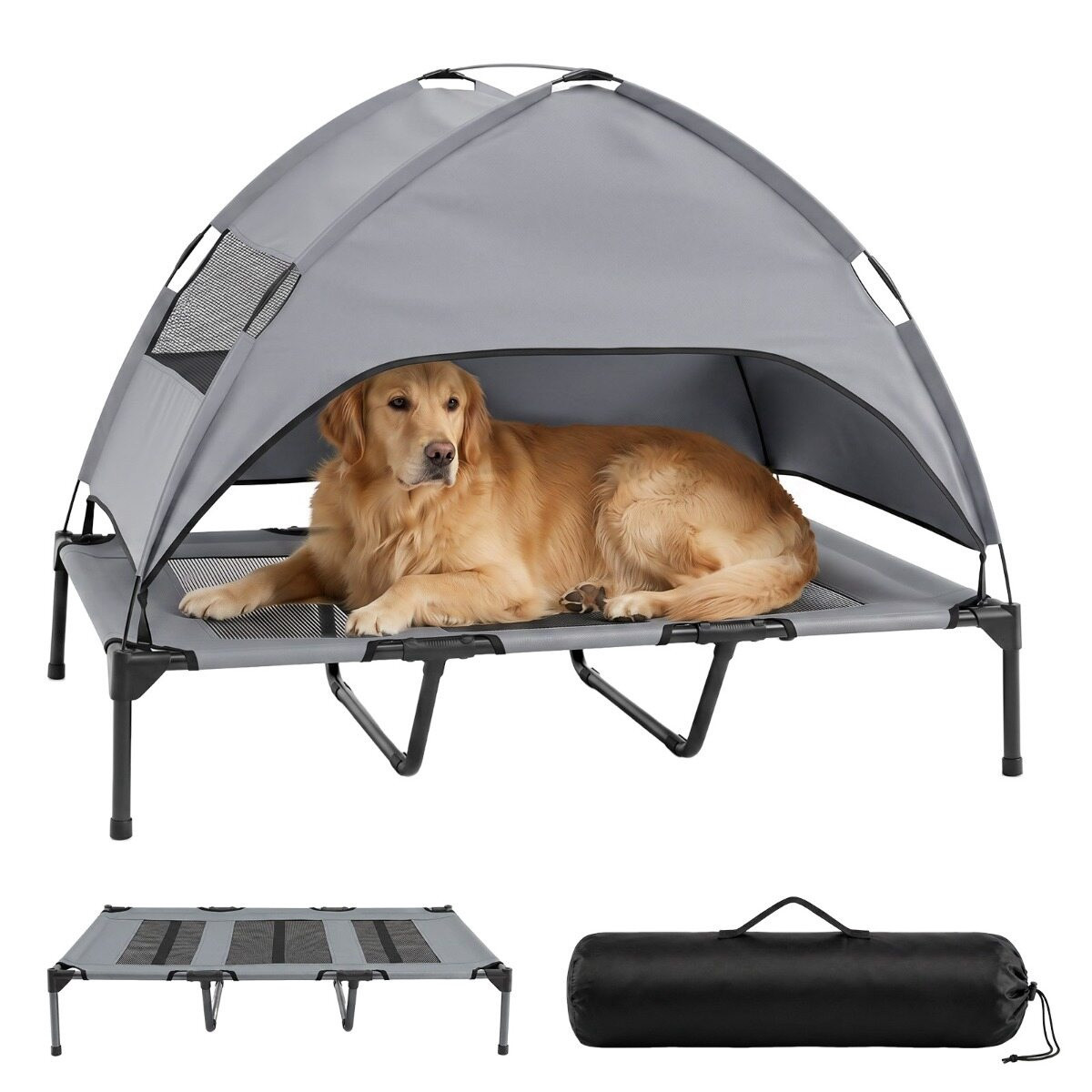 Cama elevada para cães com dossel, cinza, para uso interno e externo.