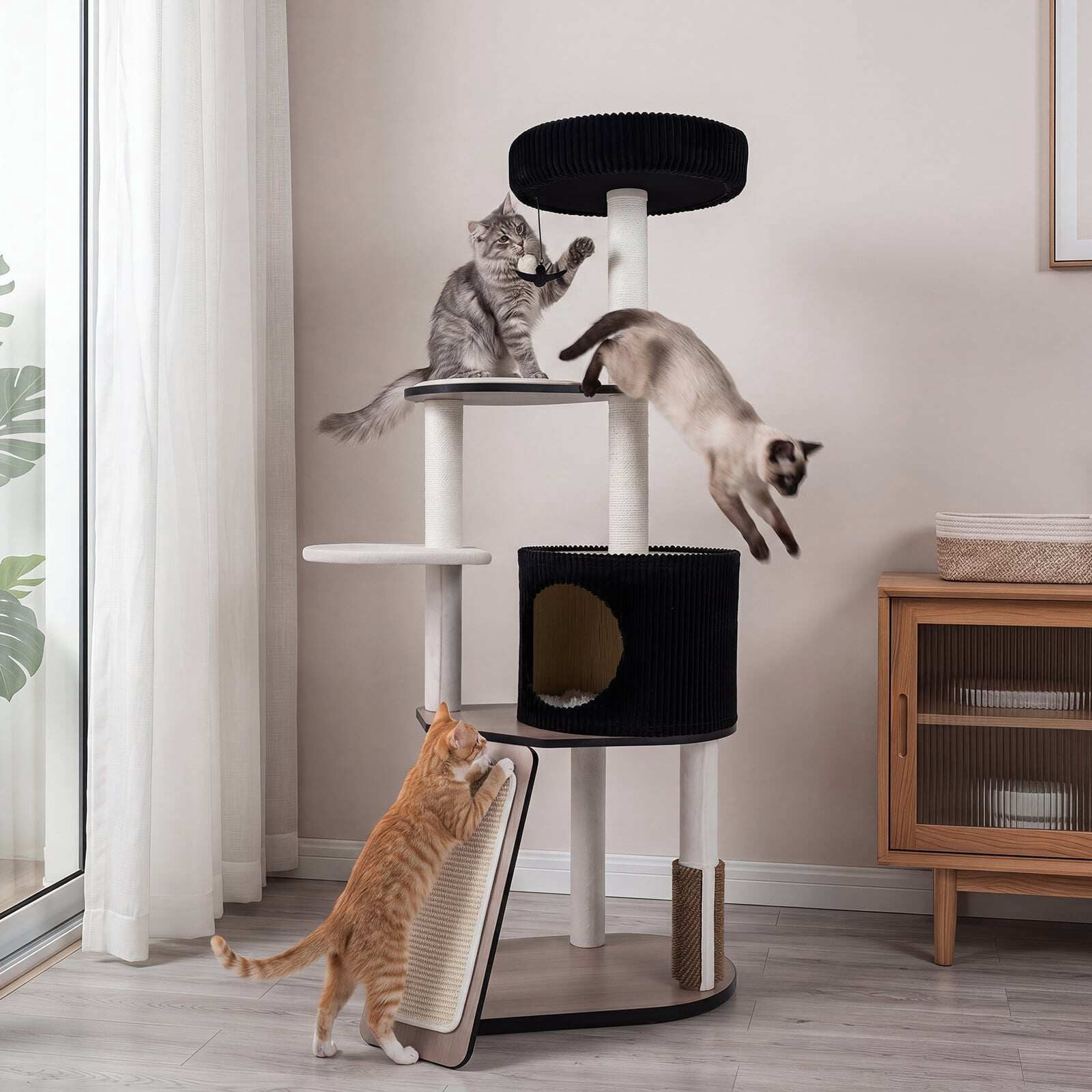 Black Cat Tree Tower with Condo and Scratching Posts