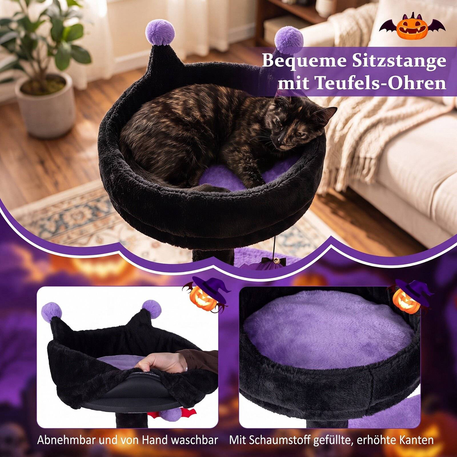 Gothic Cat Tree with Scratching Posts, Bed & Cave, 144 cm