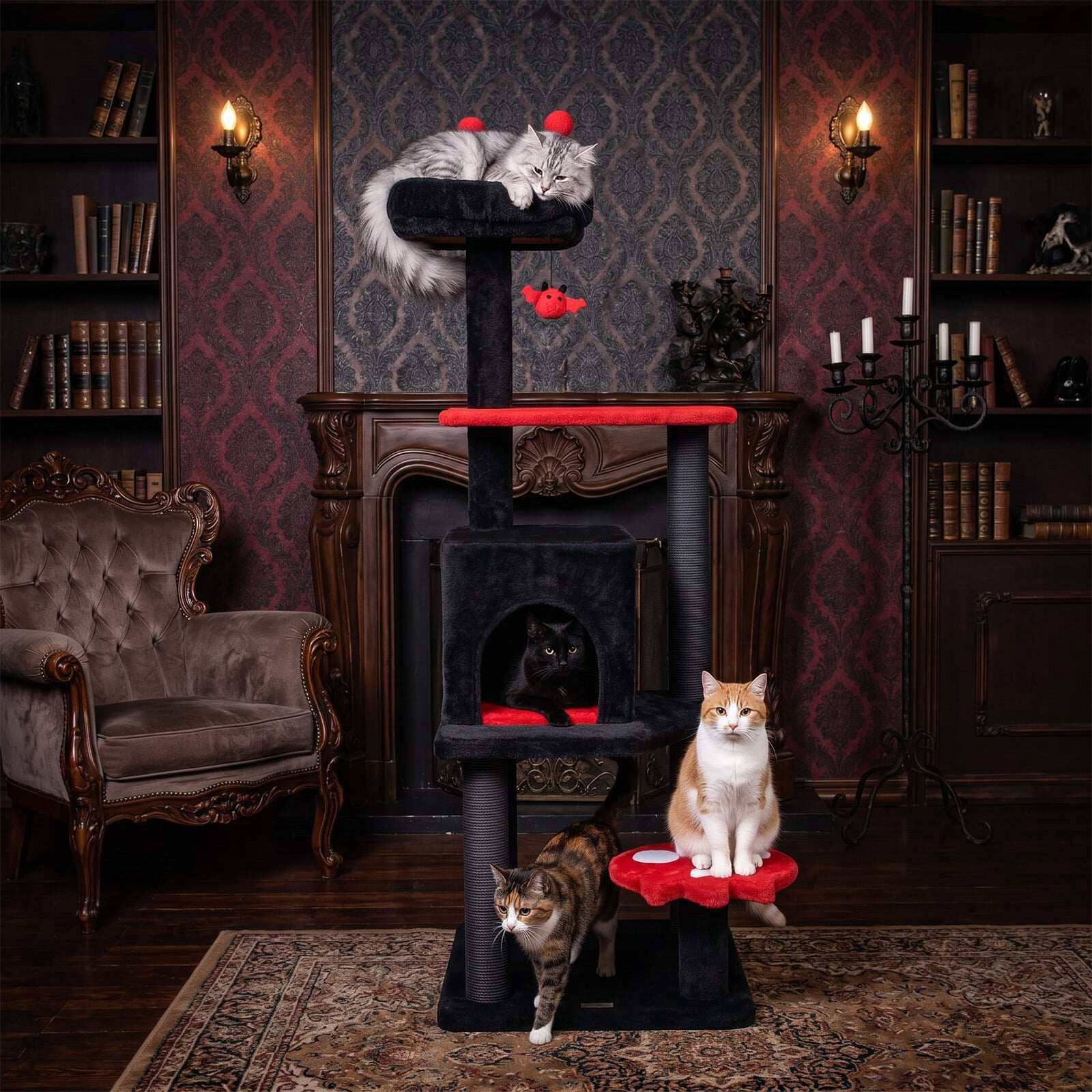 Gothic Cat Tree 144cm with Scratching Posts, Black & Red