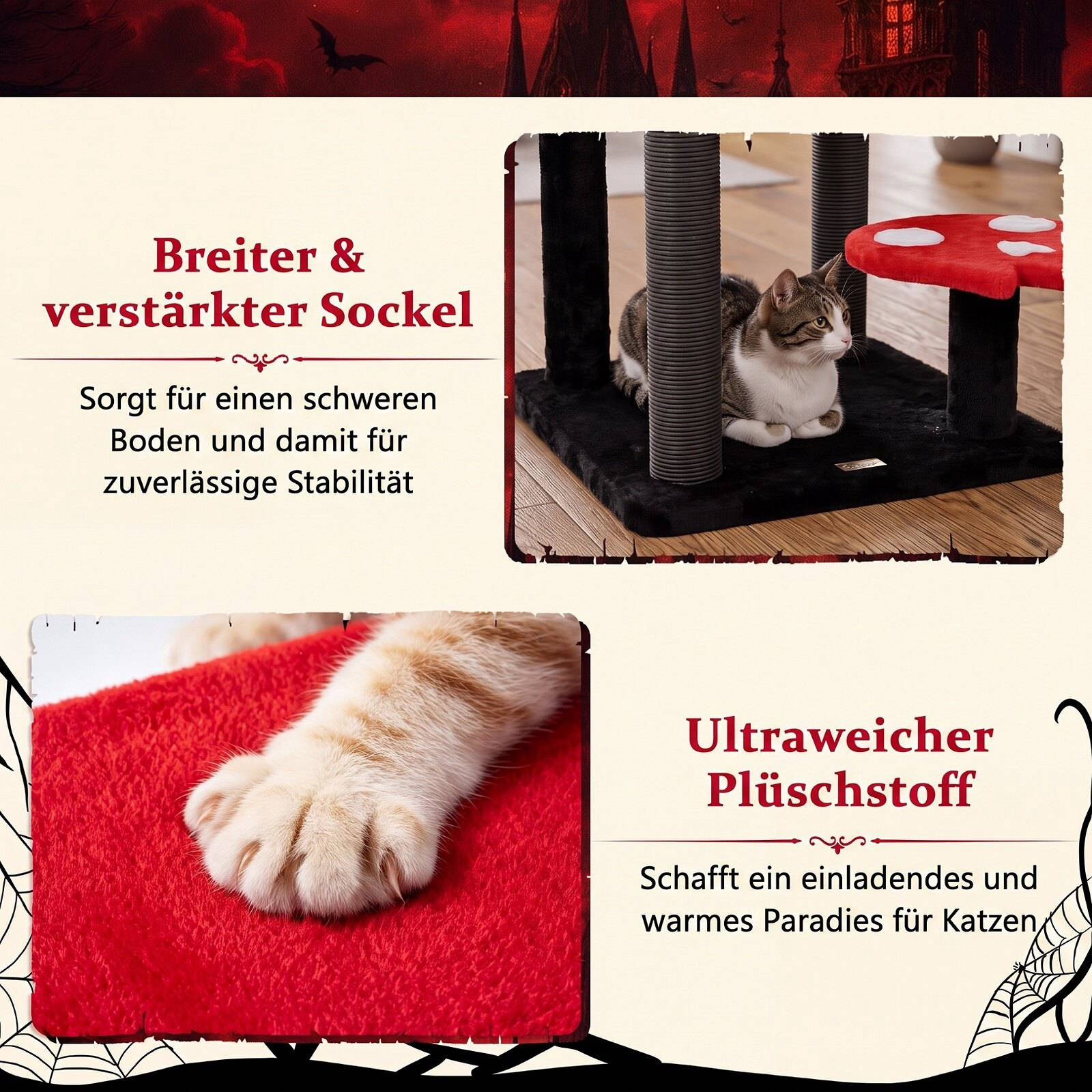 Gothic Cat Tree 144cm with Scratching Posts, Black & Red