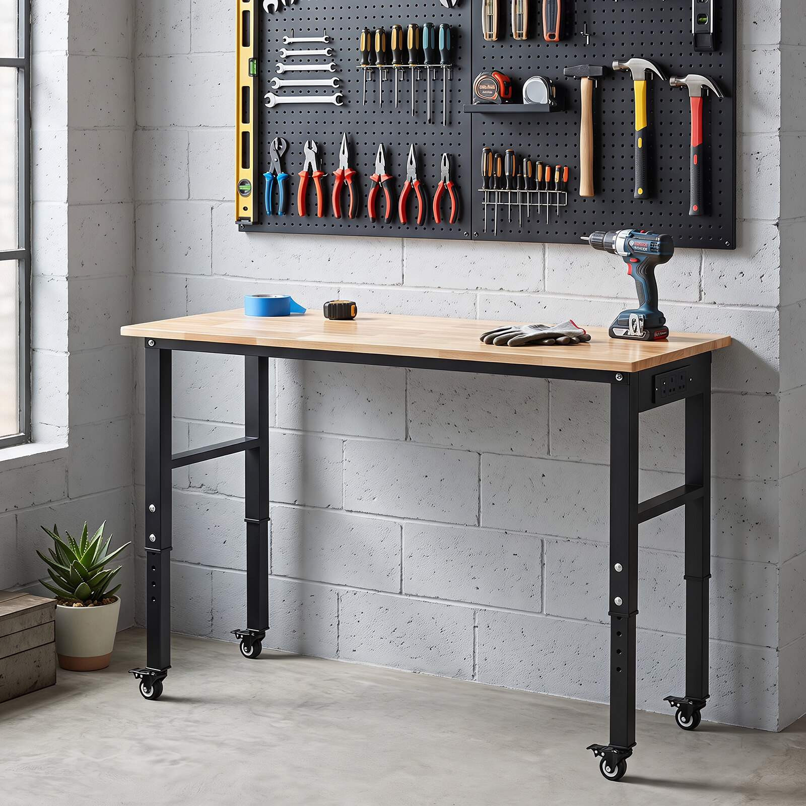 Height-Adjustable Mobile Workbench with Rubberwood Top