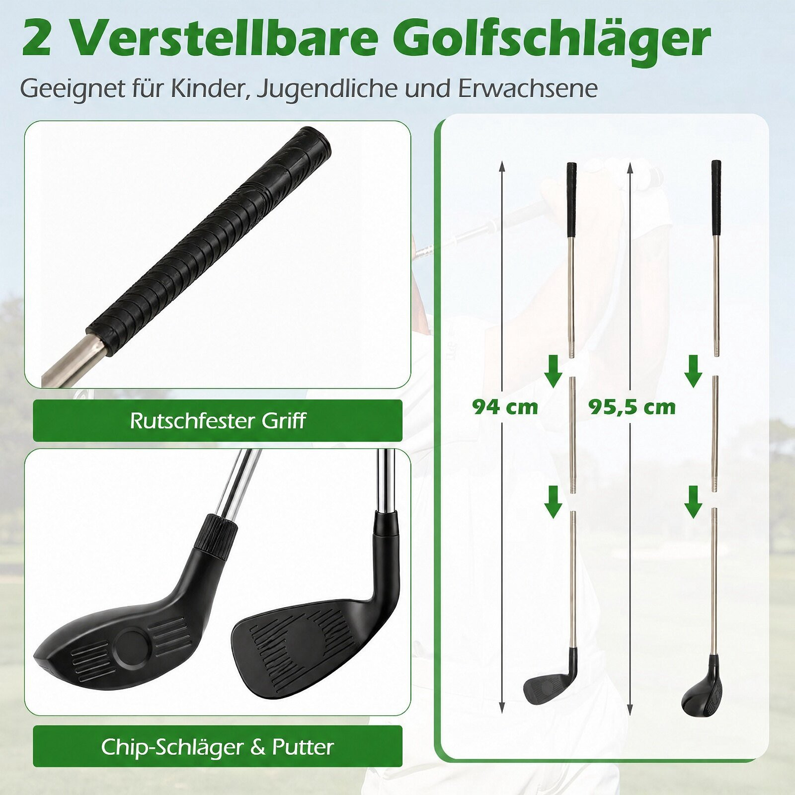 Jogo de golfe Chipping com tacos ajustáveis ​​e 24 bolas.