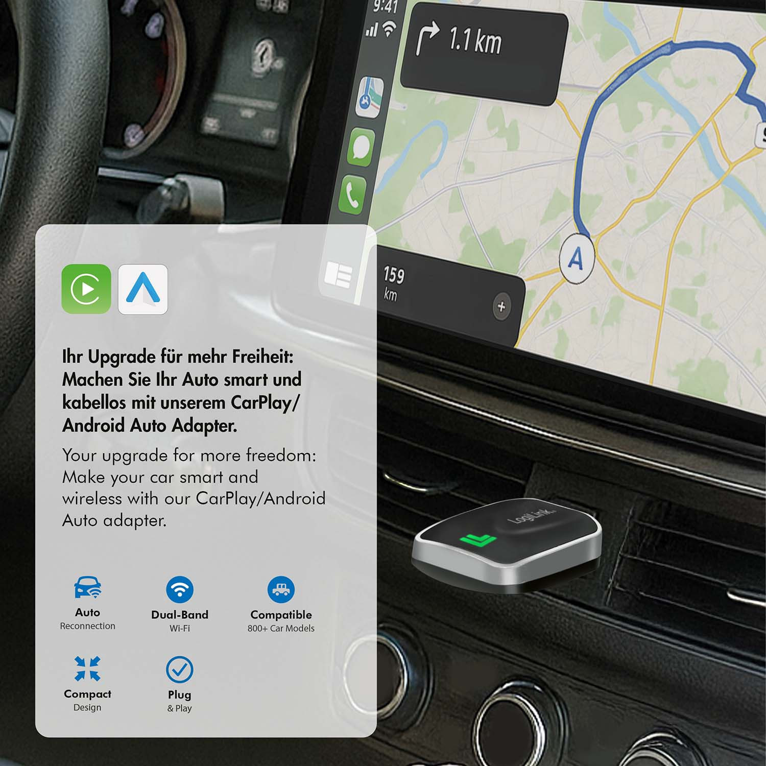 LogiLink Wireless CarPlay and Android Auto Adapter, Bluetooth 5.0, ...
