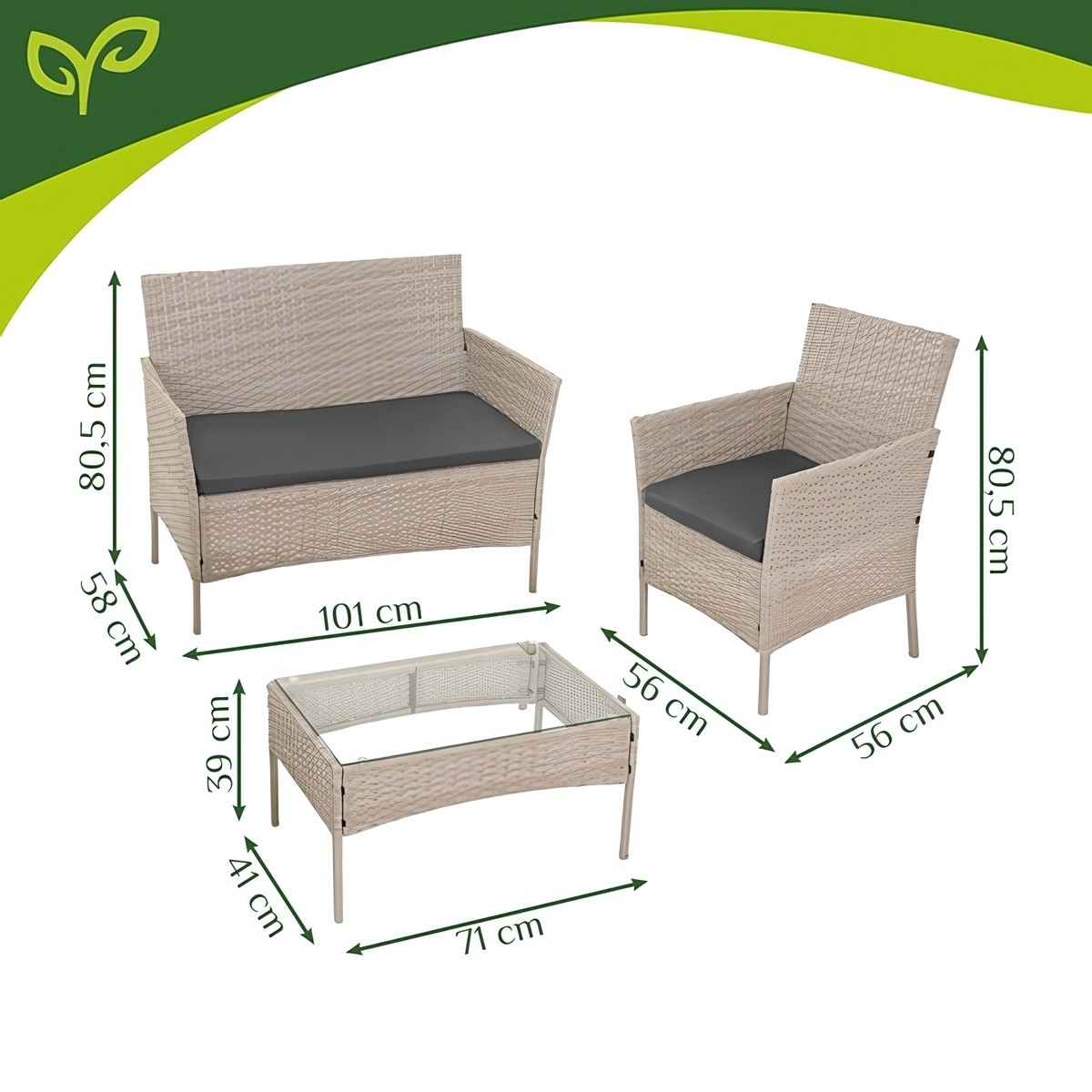 Conjunto de móveis de jardim em tecnorattan com sofá e 2 poltronas