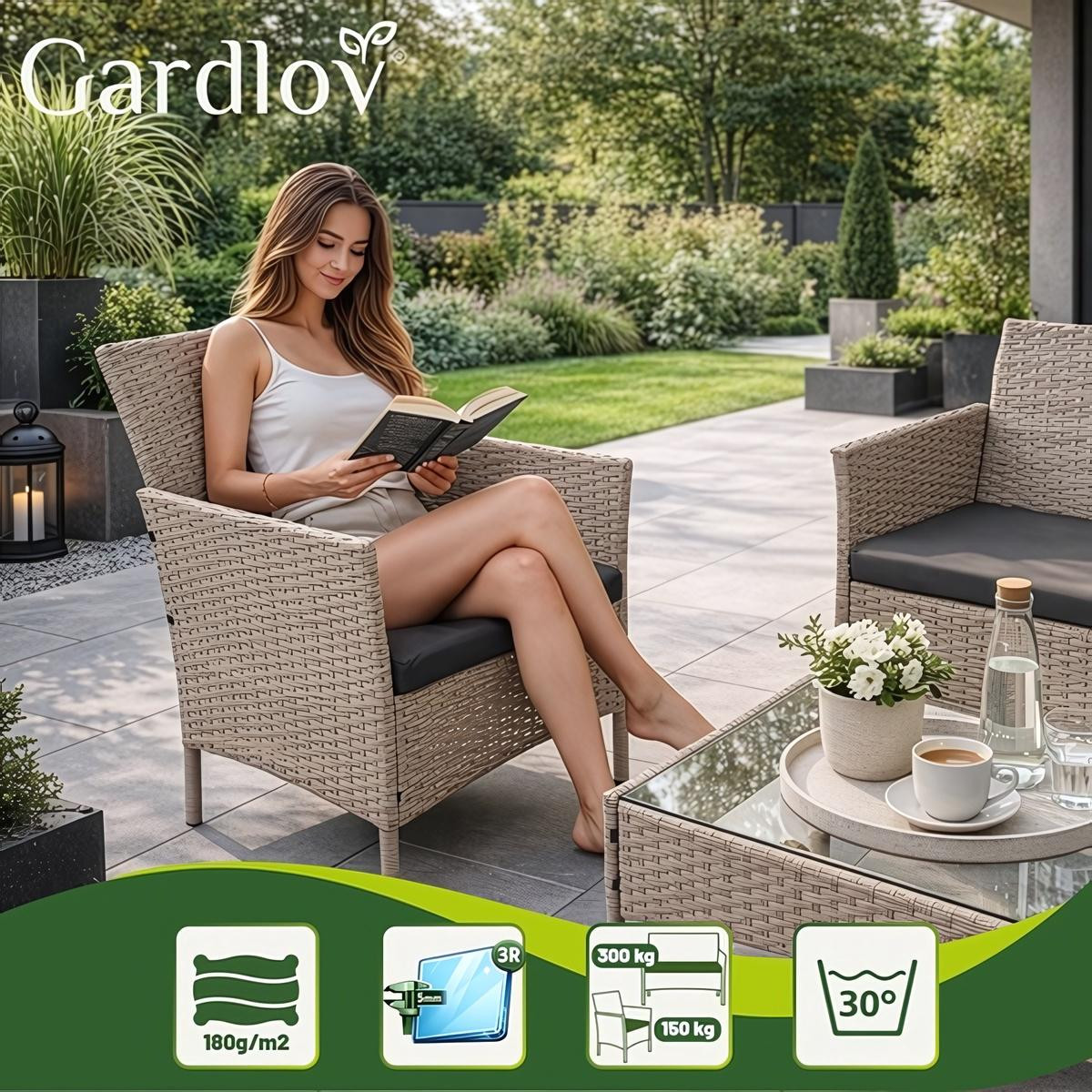 Conjunto de móveis de jardim em tecnorattan com sofá e 2 poltronas