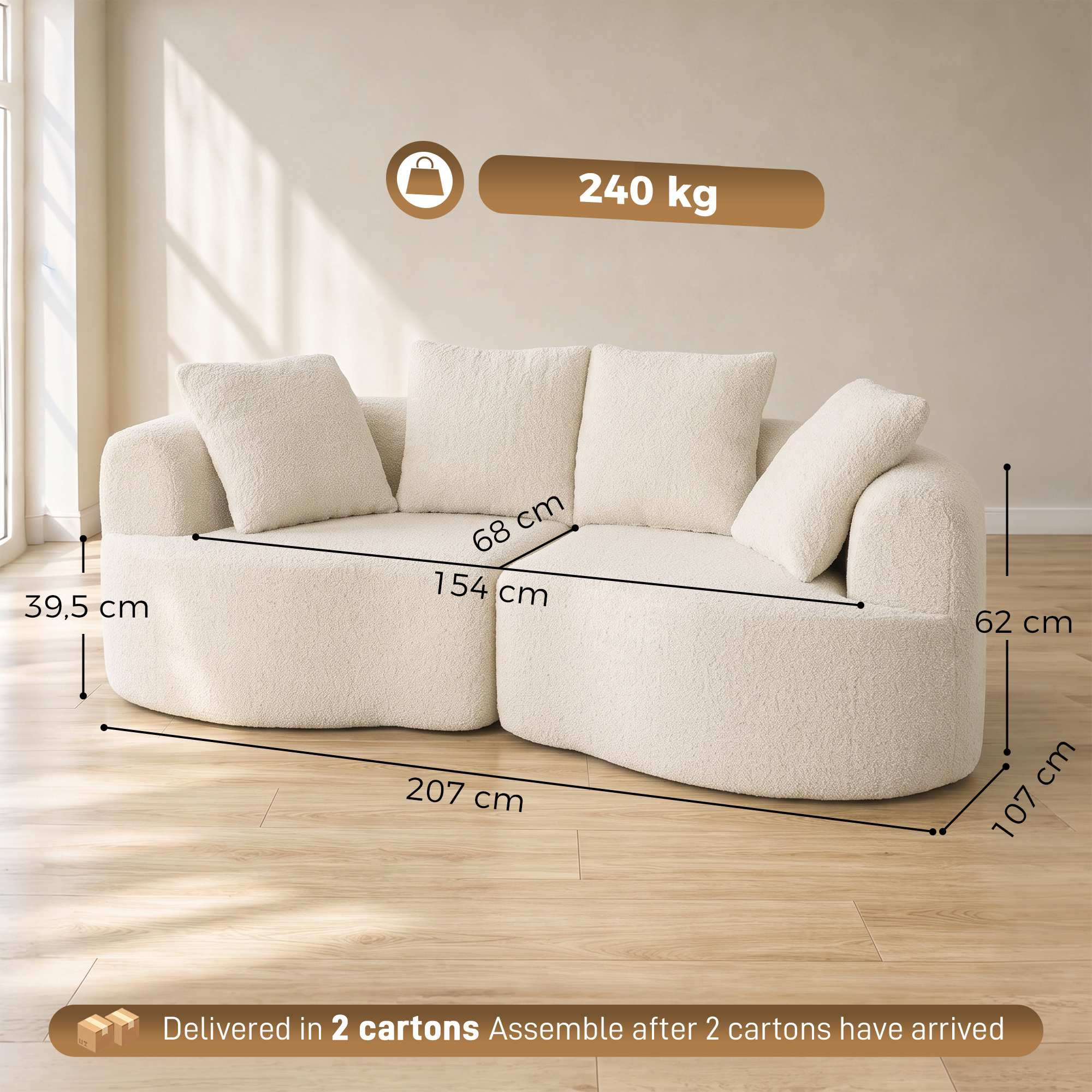 Sofá Cloud de 3 lugares, 207 cm, com 4 almofadas decorativas, em ch...