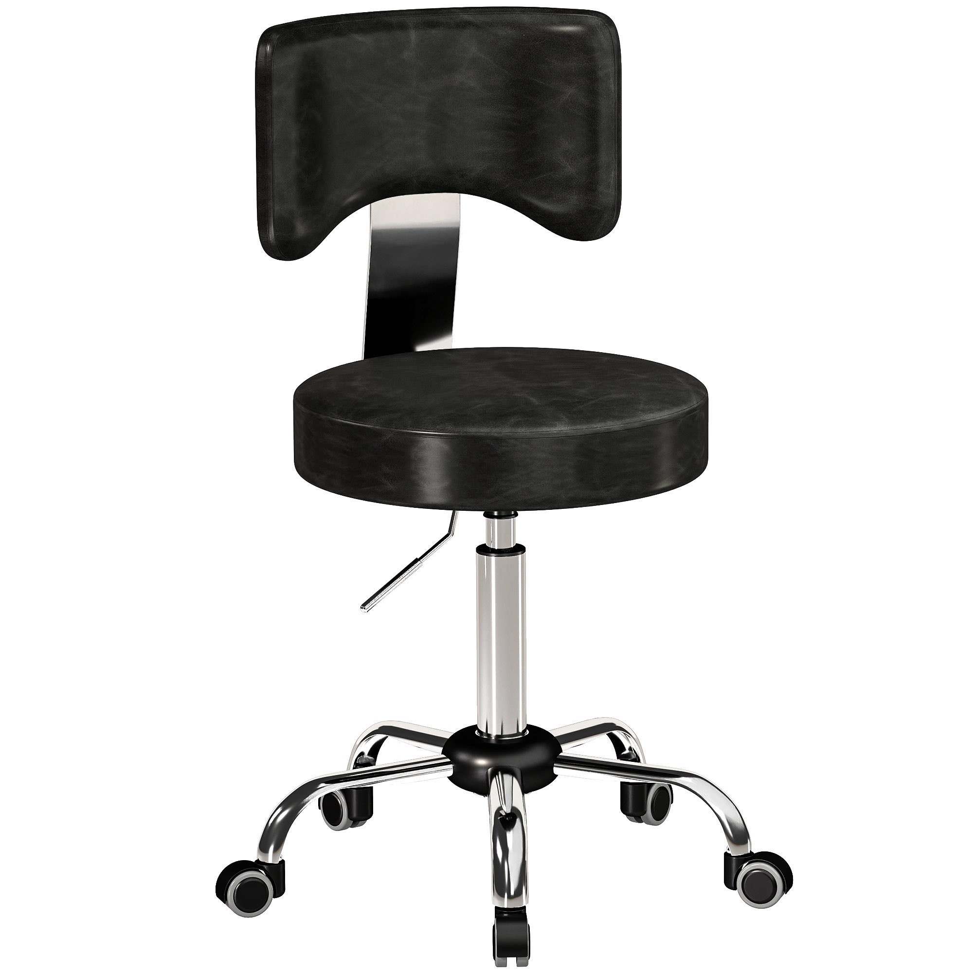 Height-Adjustable Rolling Salon Stool with Backrest, PU Leather, Black
