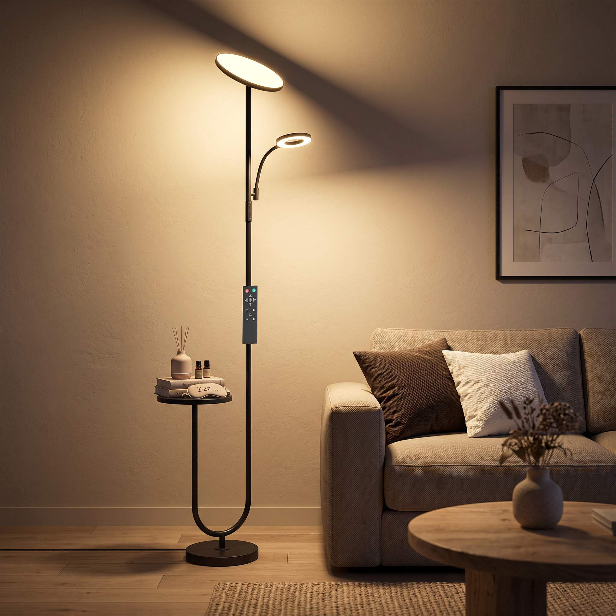 Dimmable LED Floor Lamp with Side Table and Reading Light, Remote C...