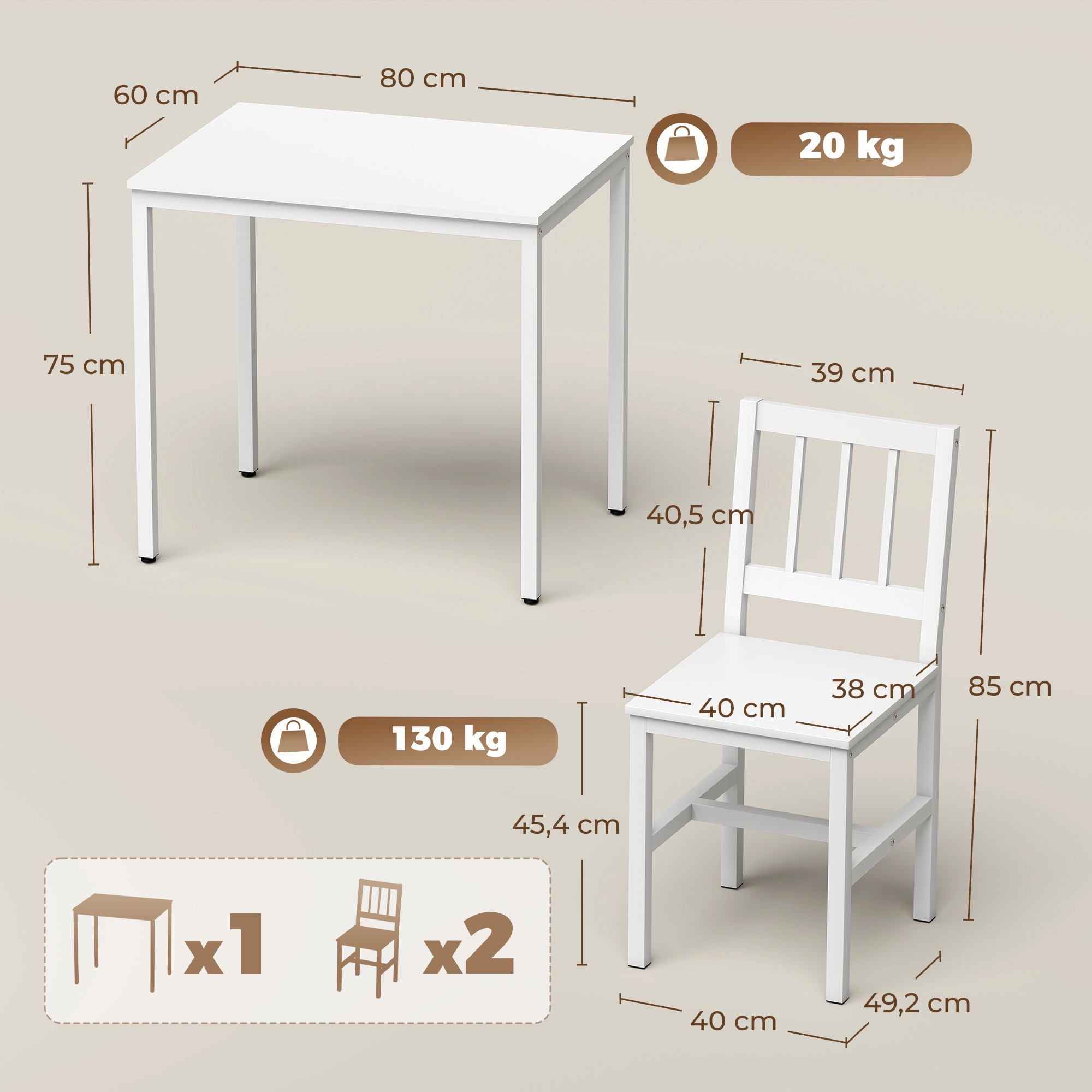 3-Piece Dining Set with Rectangular Table and 2 Chairs, 80 x 60 cm,...