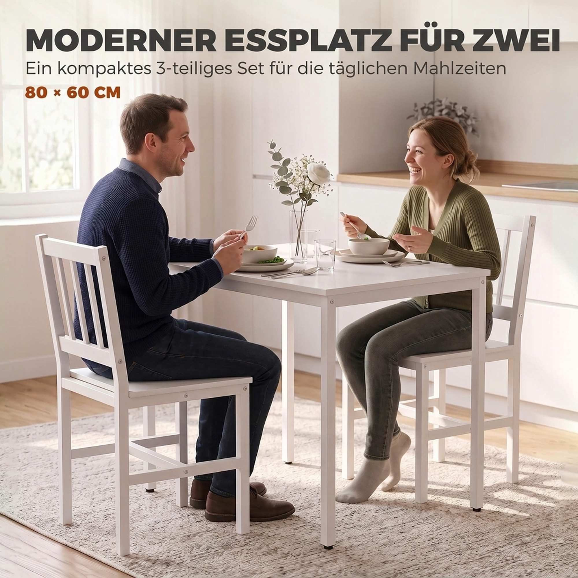 3-Piece Dining Set with Rectangular Table and 2 Chairs, 80 x 60 cm,...