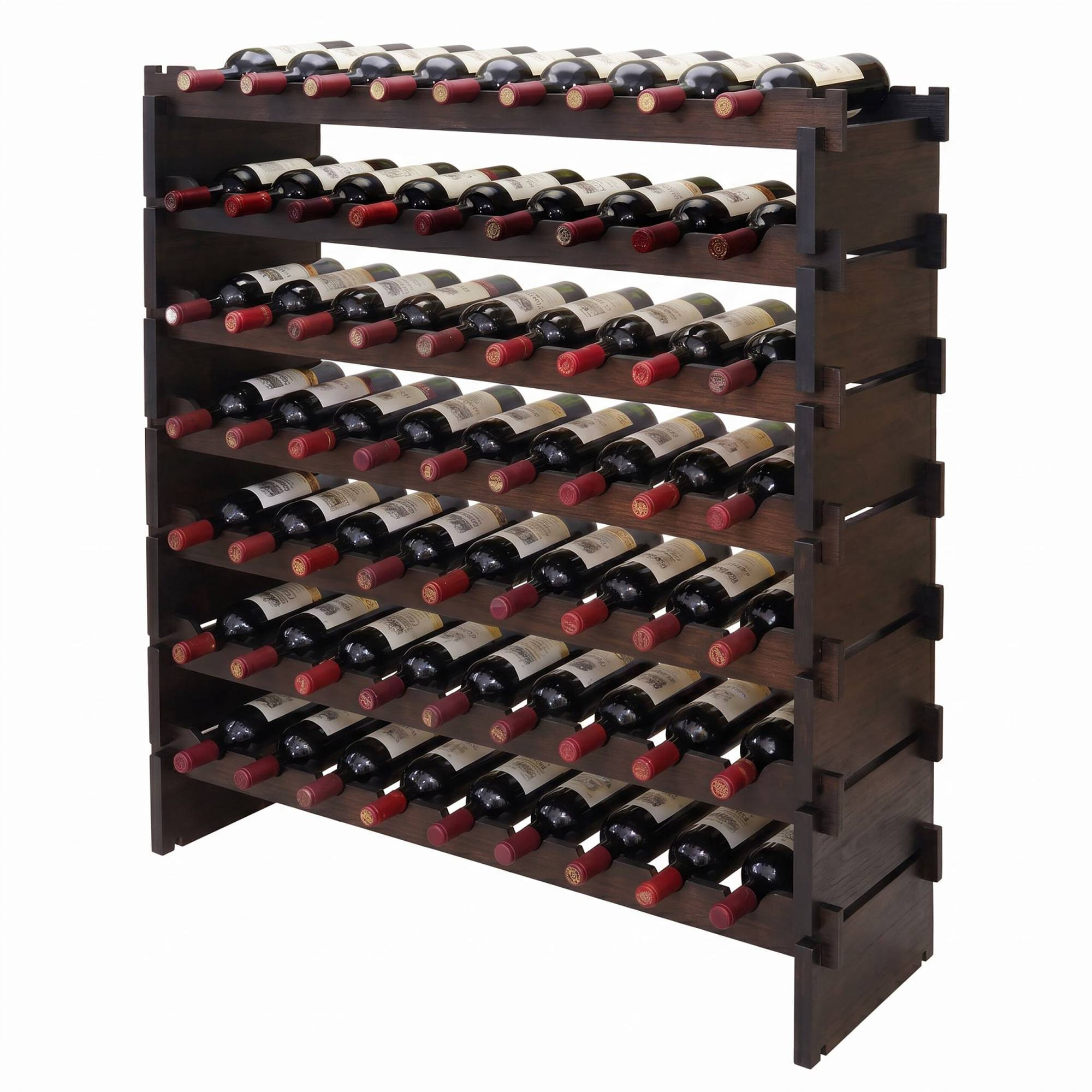 Stackable Bamboo Wine Rack for 63 Bottles, Self-Assembly, Dark Brown