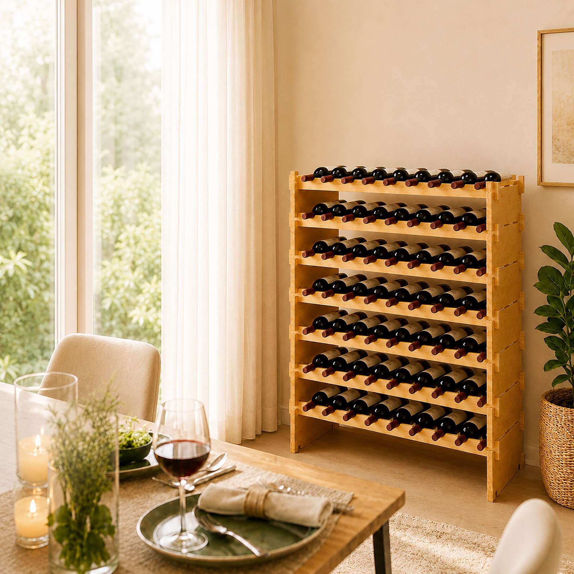 Stackable Bamboo Wine Rack for 63 Bottles, Self-Assembly, Natural