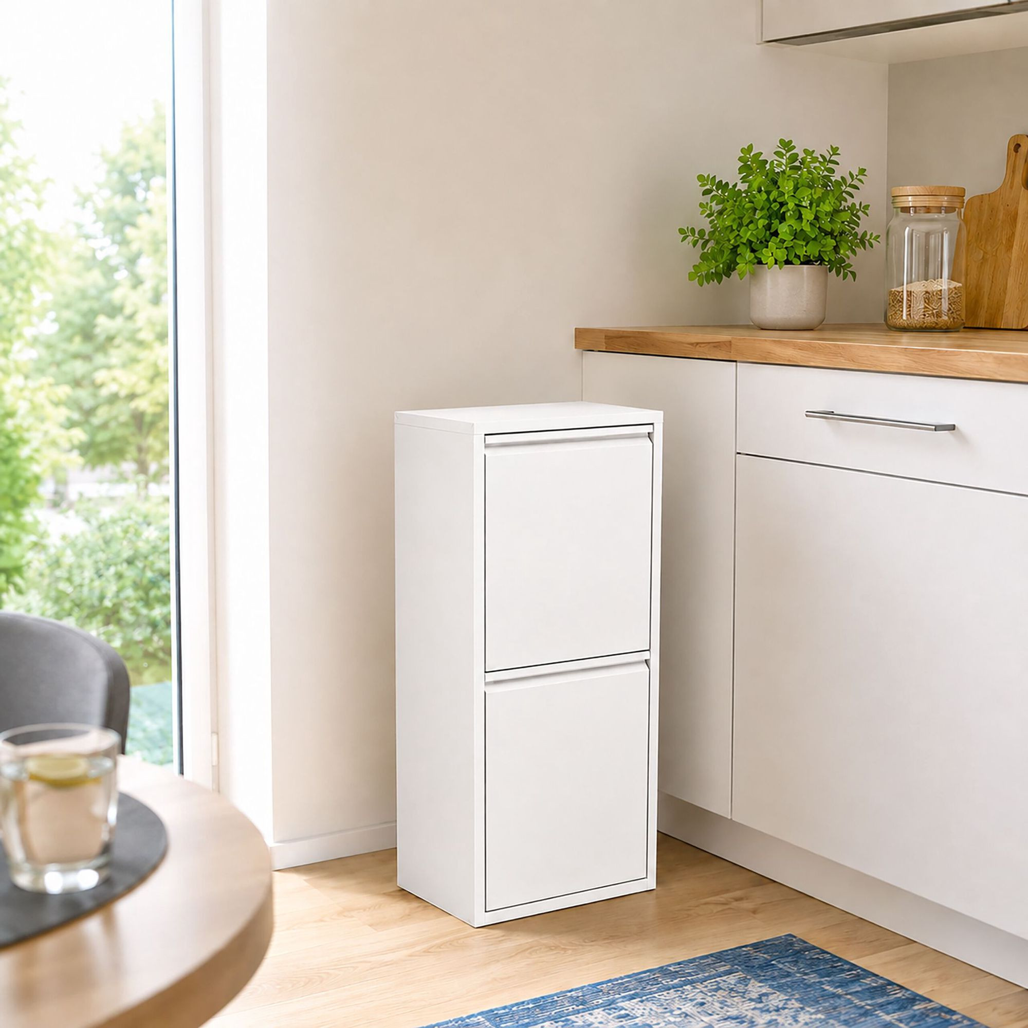 3-Compartment Waste Bin 40 l with Tipping Function, White, Wall-Mou...