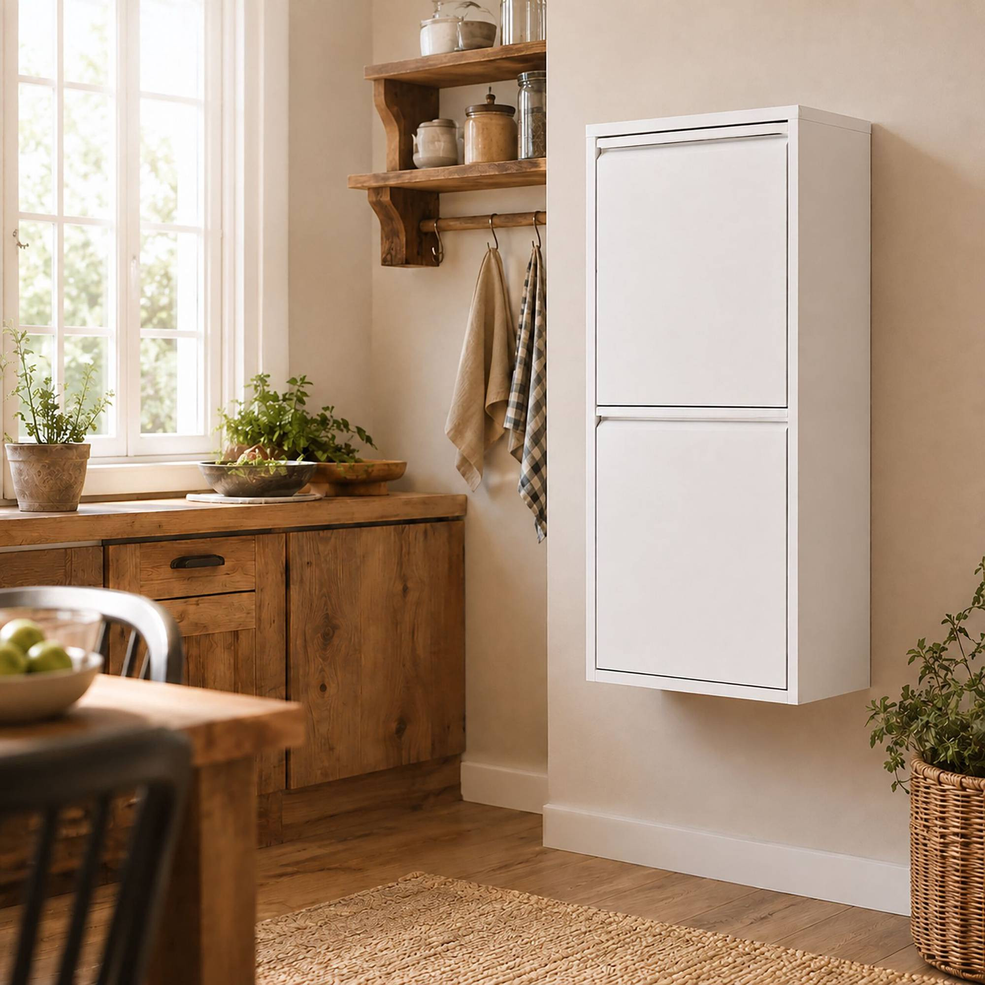 3-Compartment Waste Bin 40 l with Tipping Function, White, Wall-Mou...