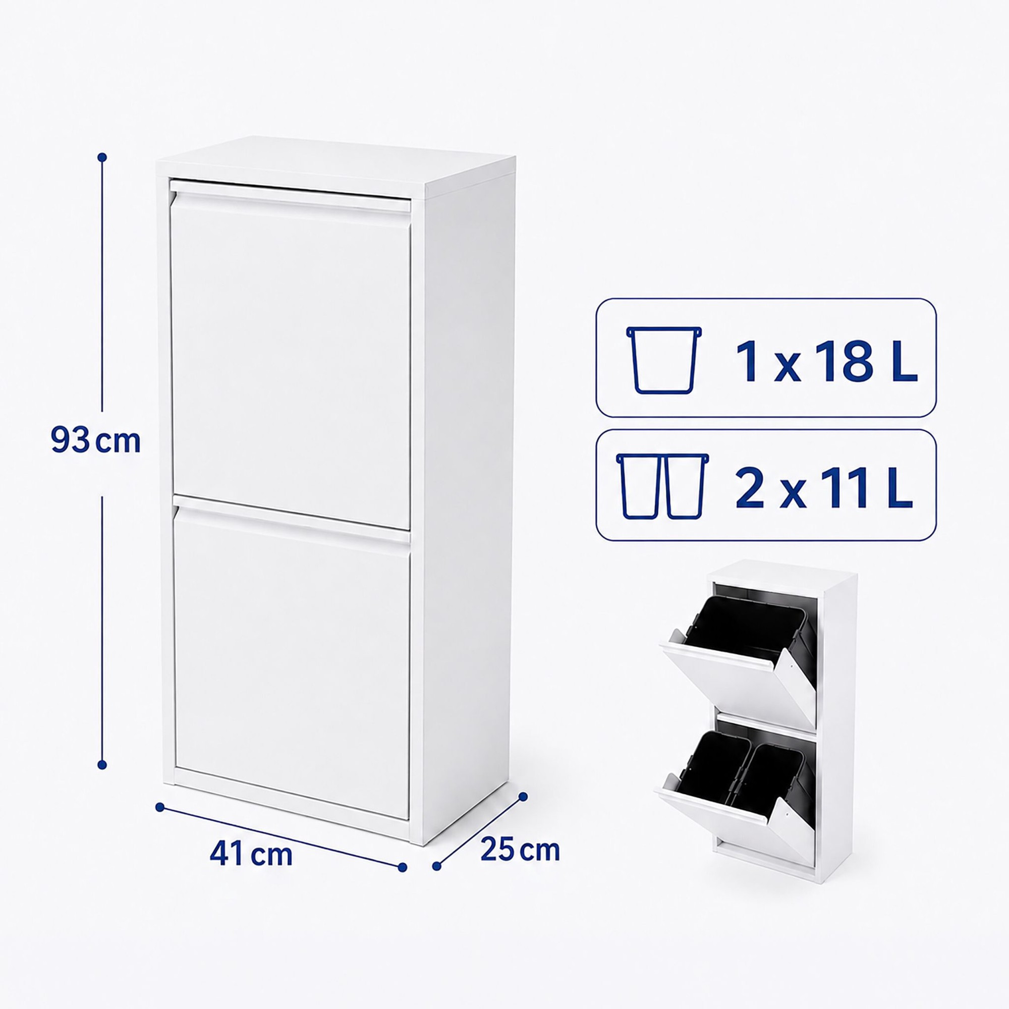 3-Compartment Waste Bin 40 l with Tipping Function, White, Wall-Mou...