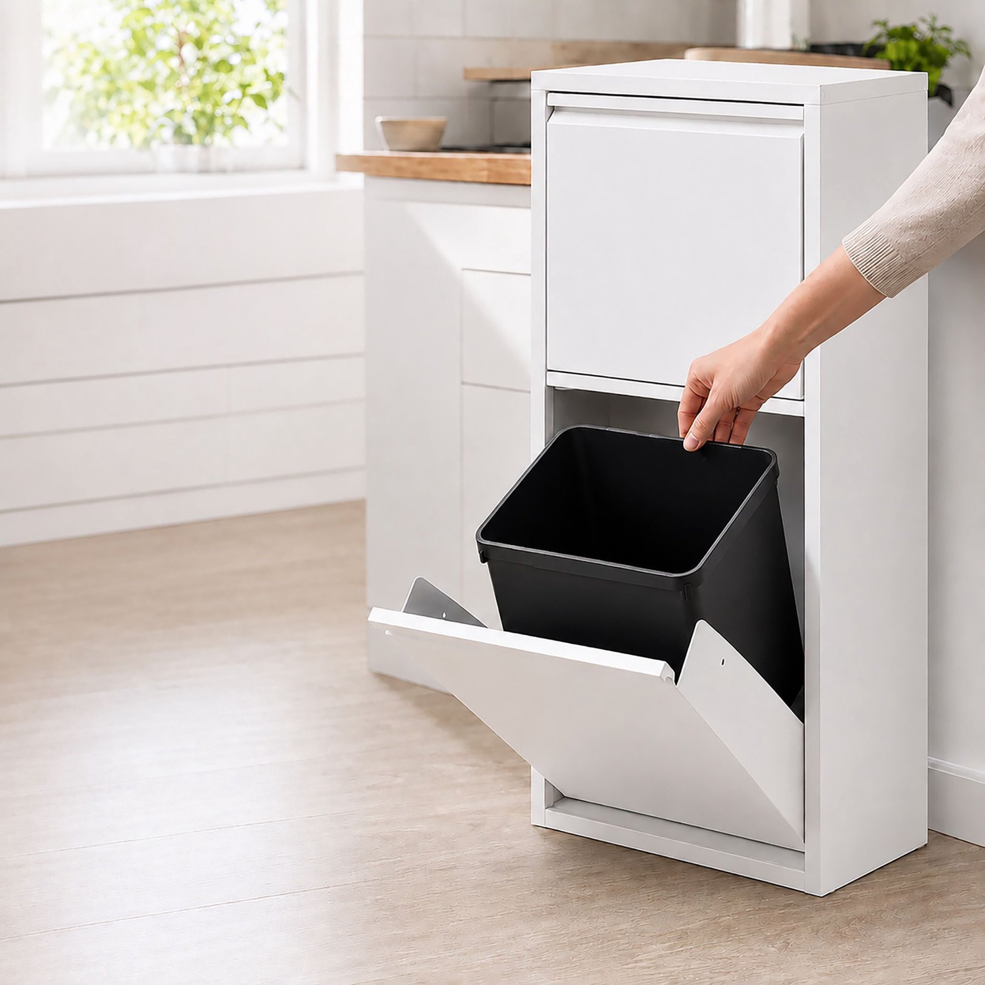 3-Compartment Waste Bin 40 l with Tipping Function, White, Wall-Mou...