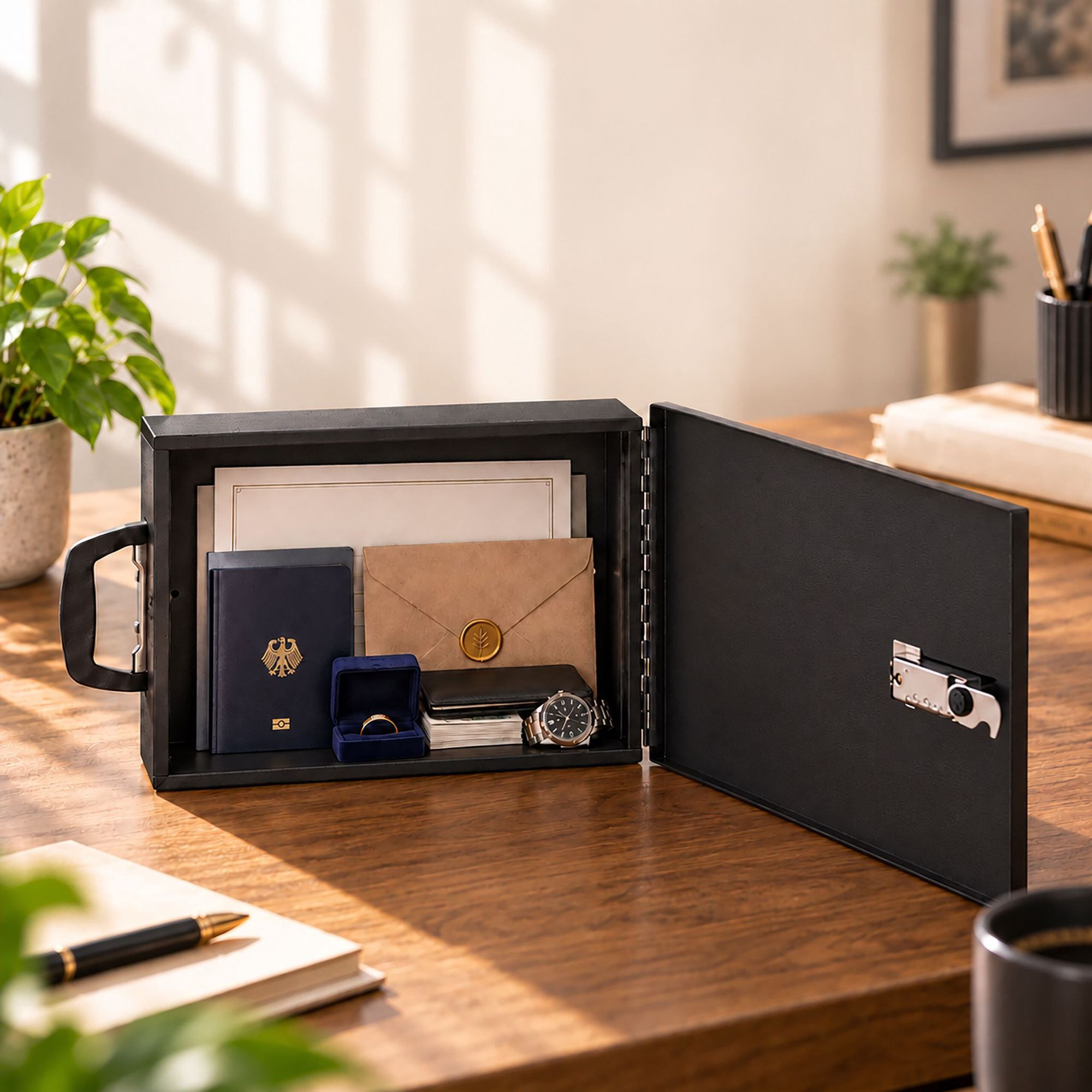 Document Safe A4 with Key Lock and Folding Handle, Iron, Black