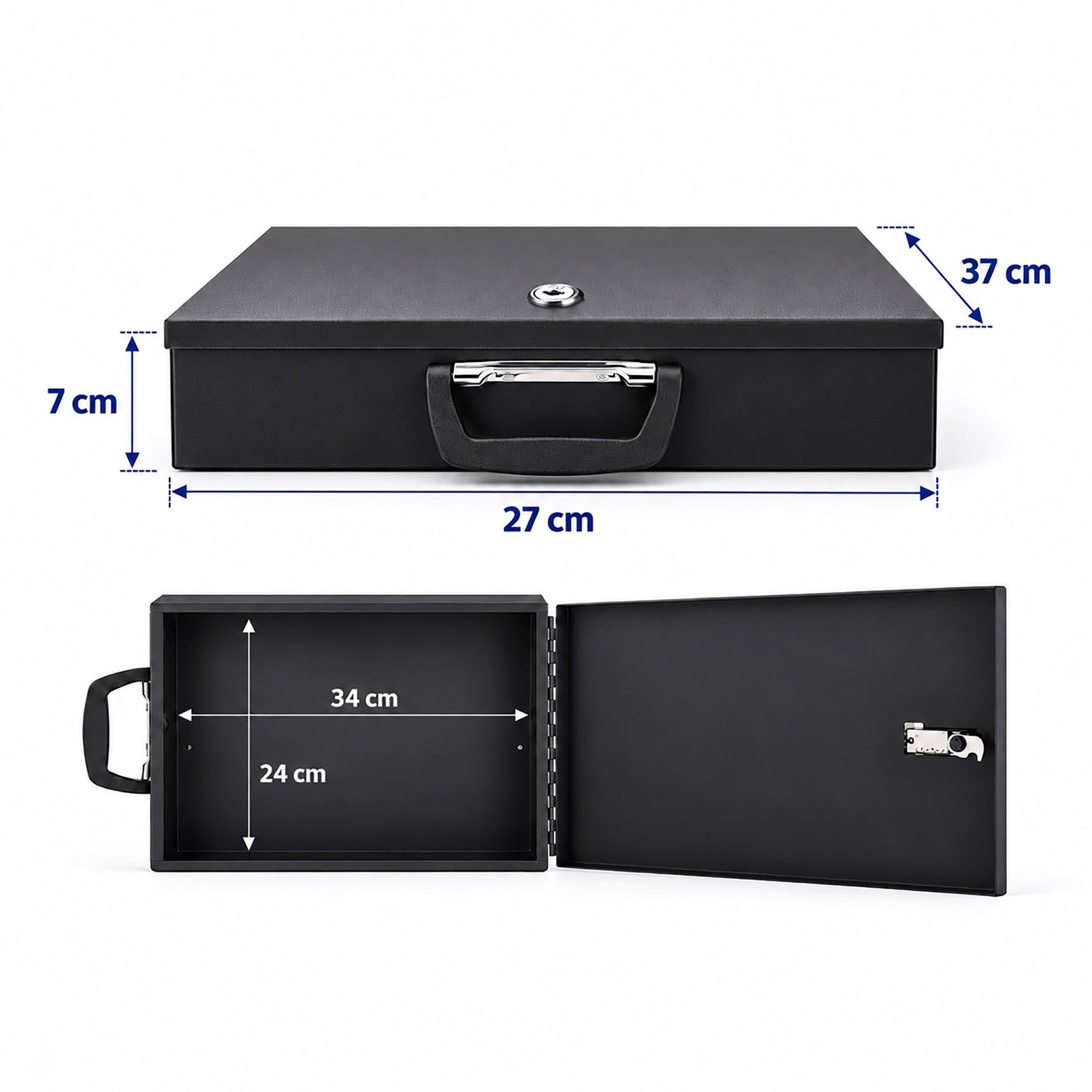 Document Safe A4 with Key Lock and Folding Handle, Iron, Black