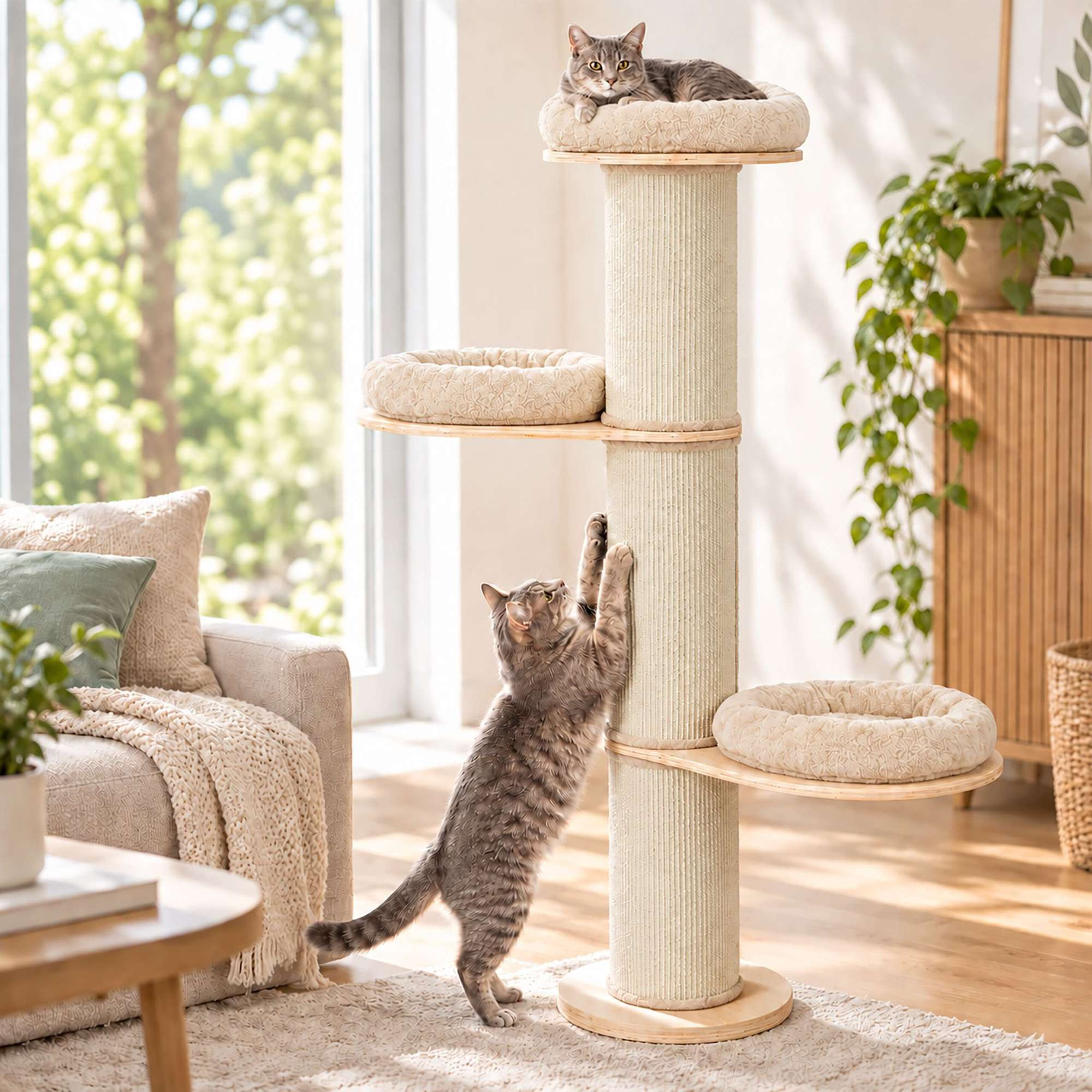 Cat Scratching Tree with 3 Cushioned Platforms, 187 cm – Beige, Sis...