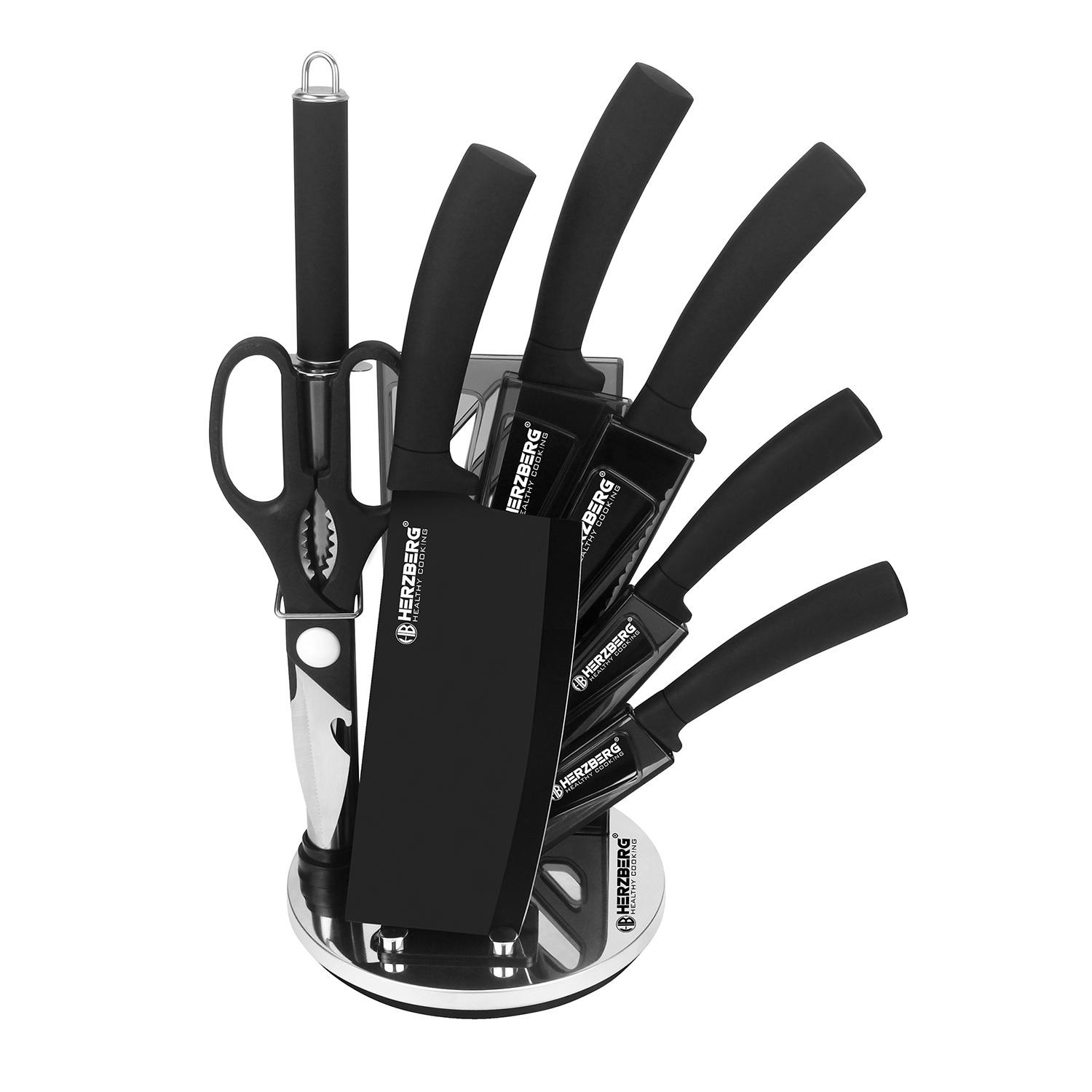 Set coltelli con supporto girevole, 8 pezzi - nero