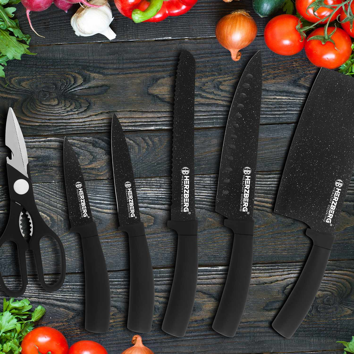Set Coltelli con Supporto, 8 Parti - Marmo Nero
