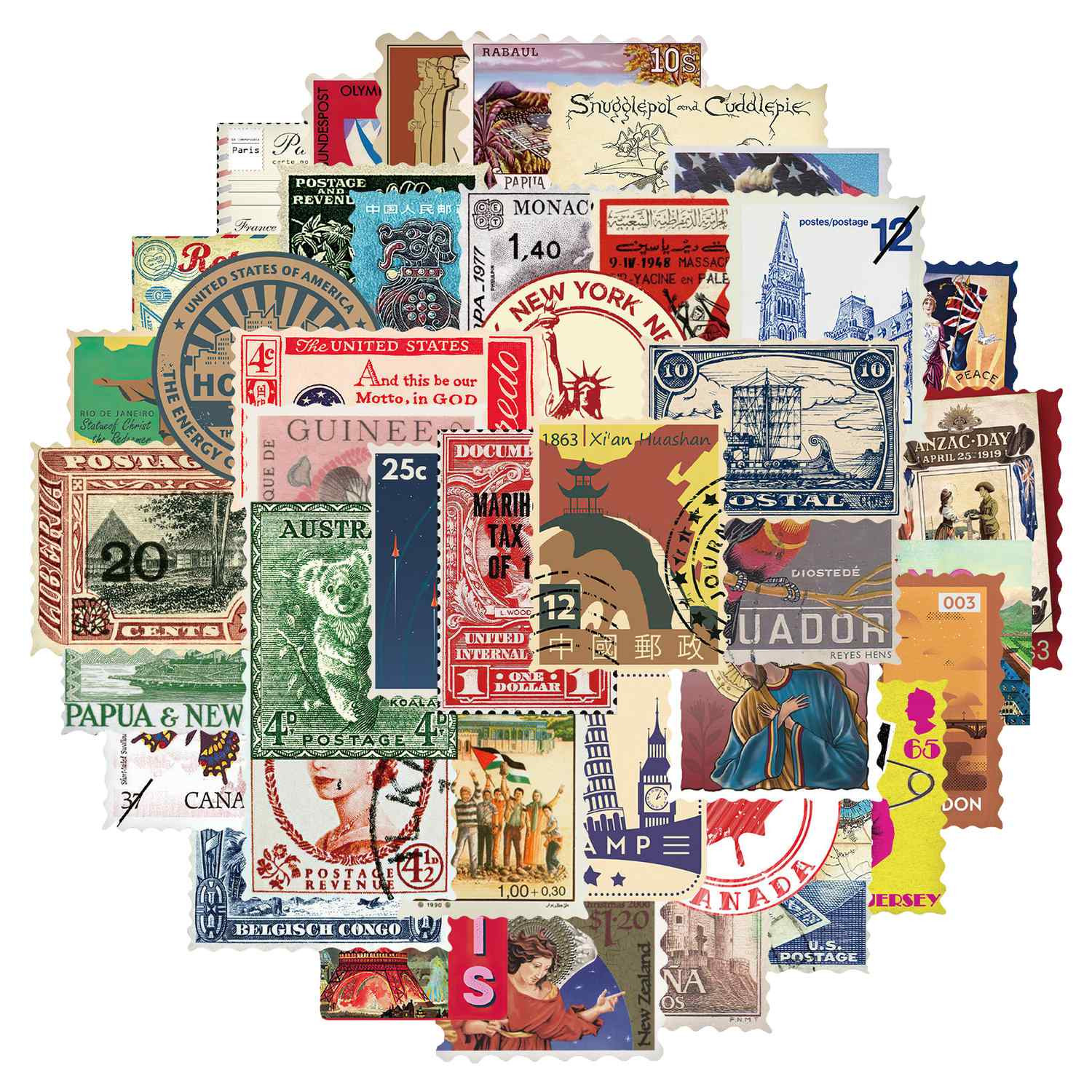 Packung Aufkleber - Retro-Briefmarken