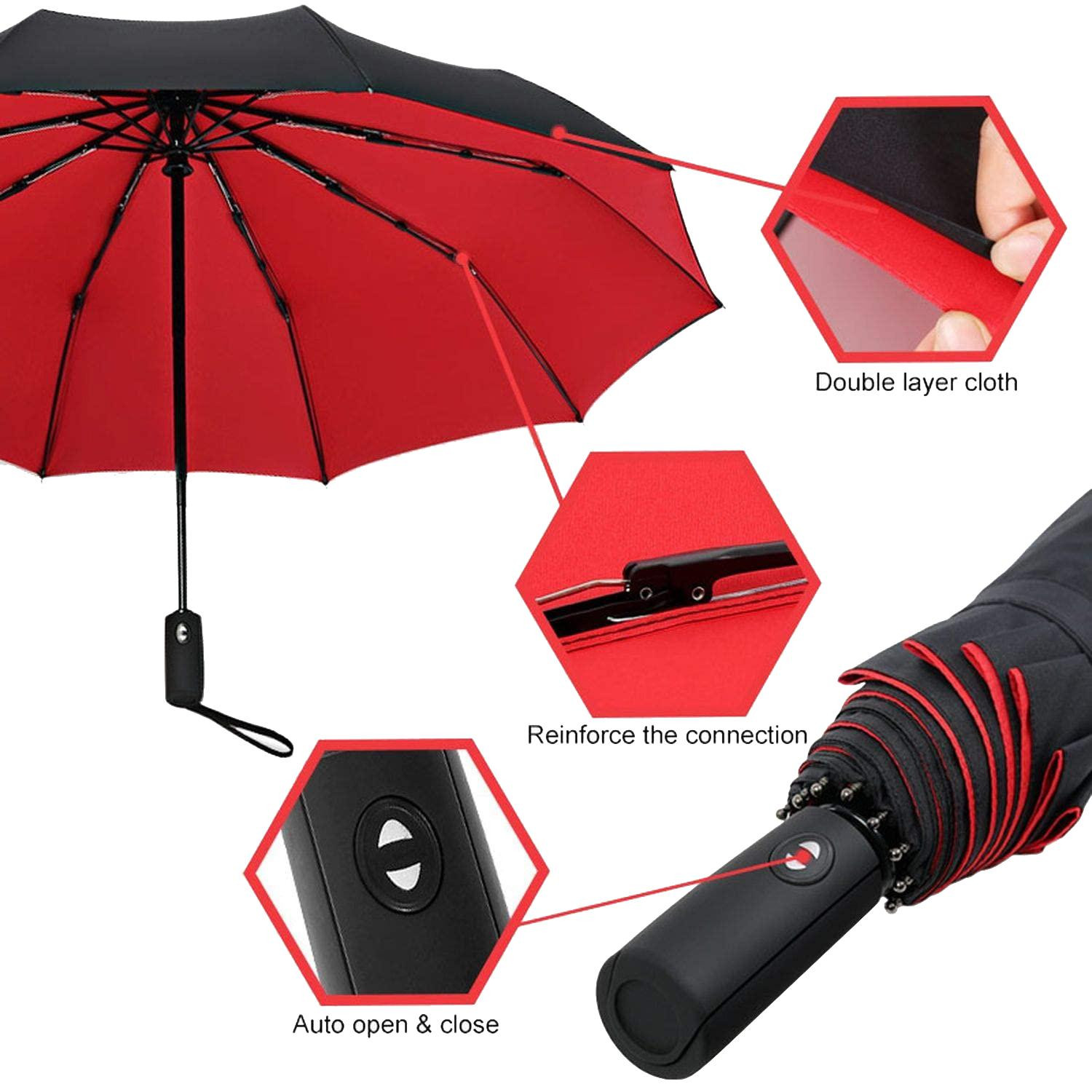 Umbrella, Compact - 105 cm - Black / Red