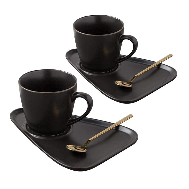Set con 2 tazze, piattini e cucchiaini - Nero