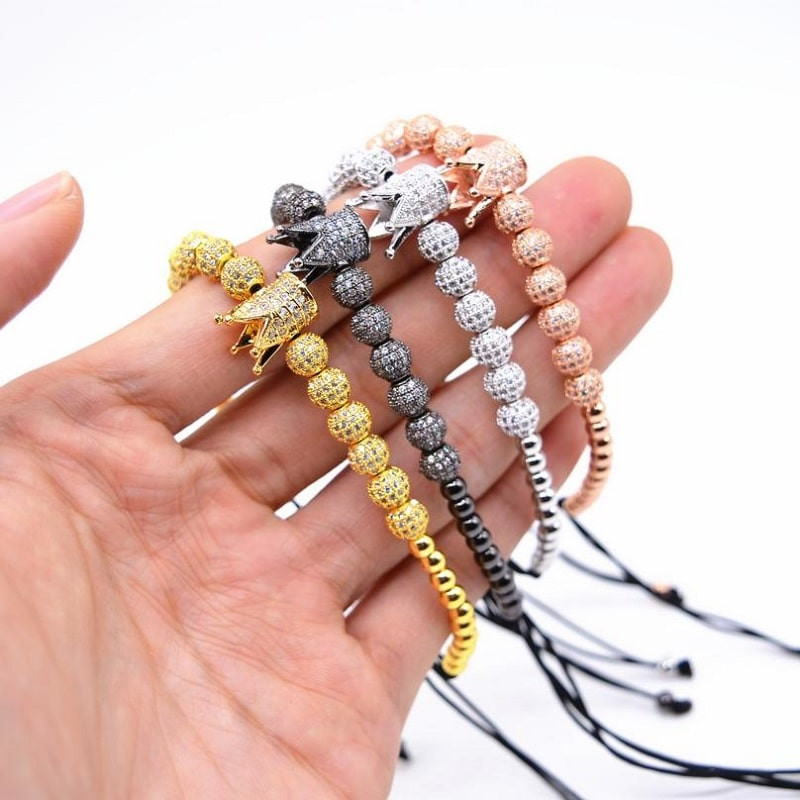 Pulseira - Coroa e Contas de Ouro Rosa