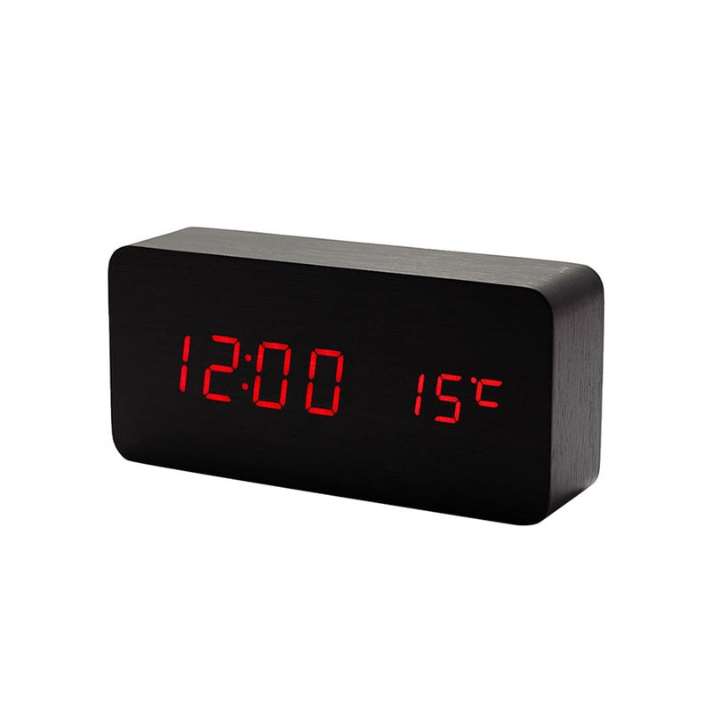 Digitaler LED-Wecker mit Holzdesign - Schwarz / Rot