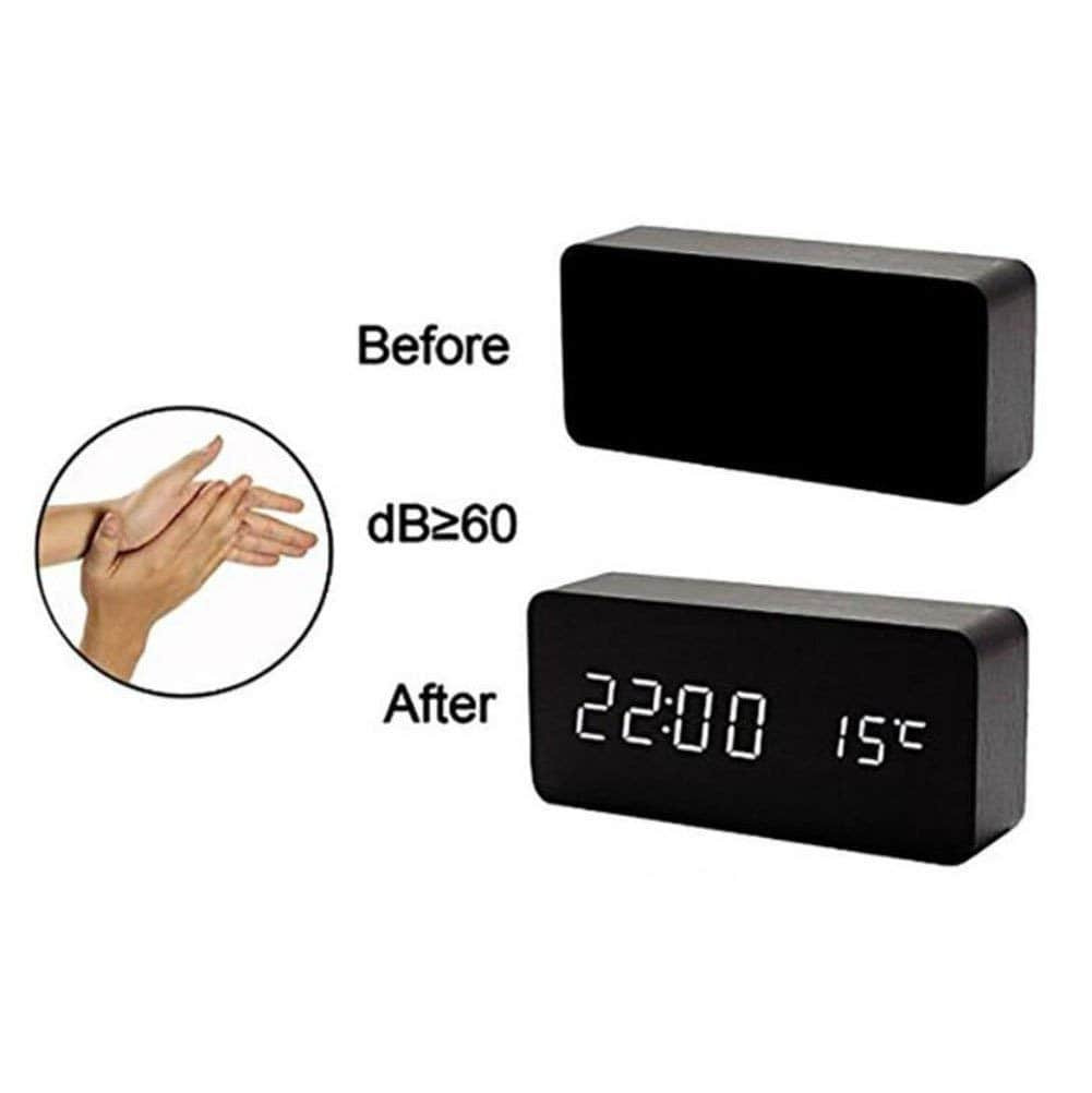 Digitaler LED-Wecker mit Holzdesign - Schwarz / Rot