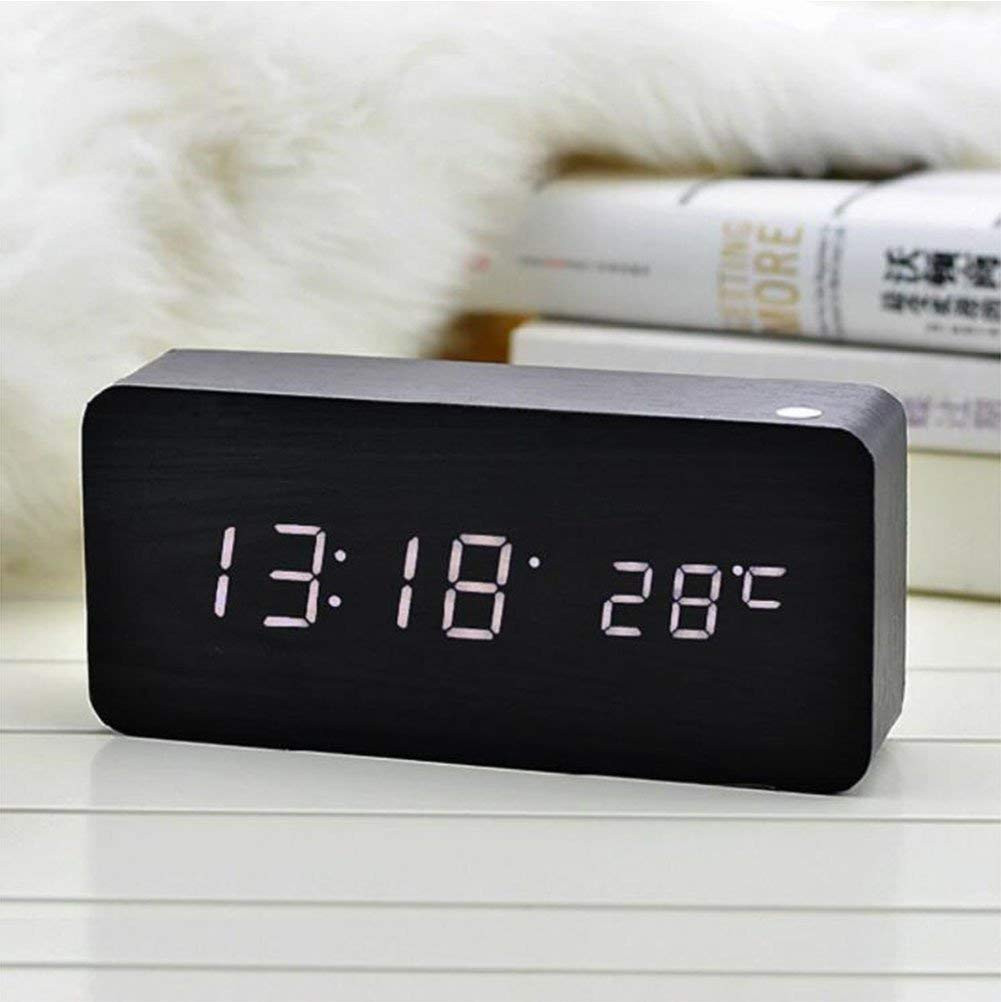 Digitaler LED-Wecker mit Holzdesign - Schwarz / Rot