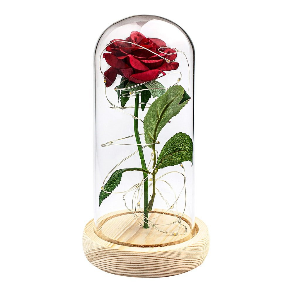 Infinity rose with green stem and string lights - Red