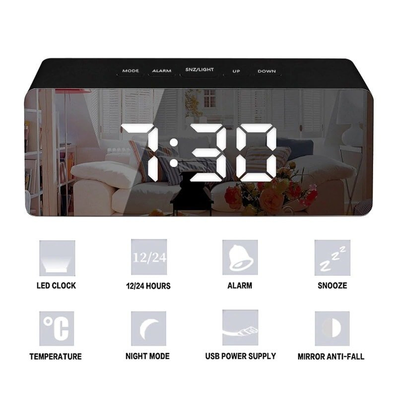 Digitaler Wecker mit Spiegel - Schwarz
