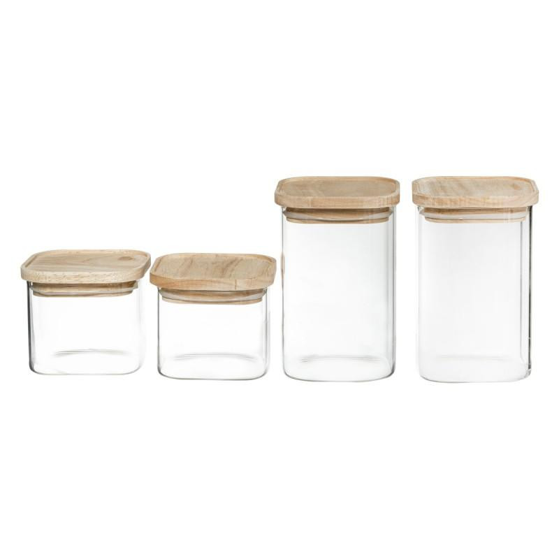 4 stackable glass jars with wooden lids
