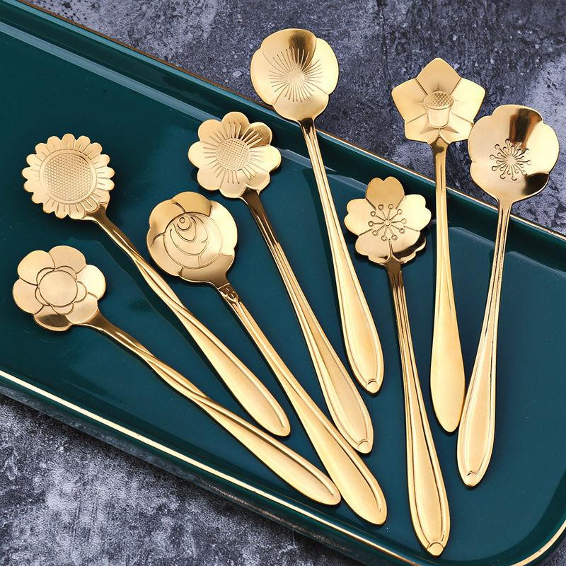 8x Cucharas Postre, Flores - Oro